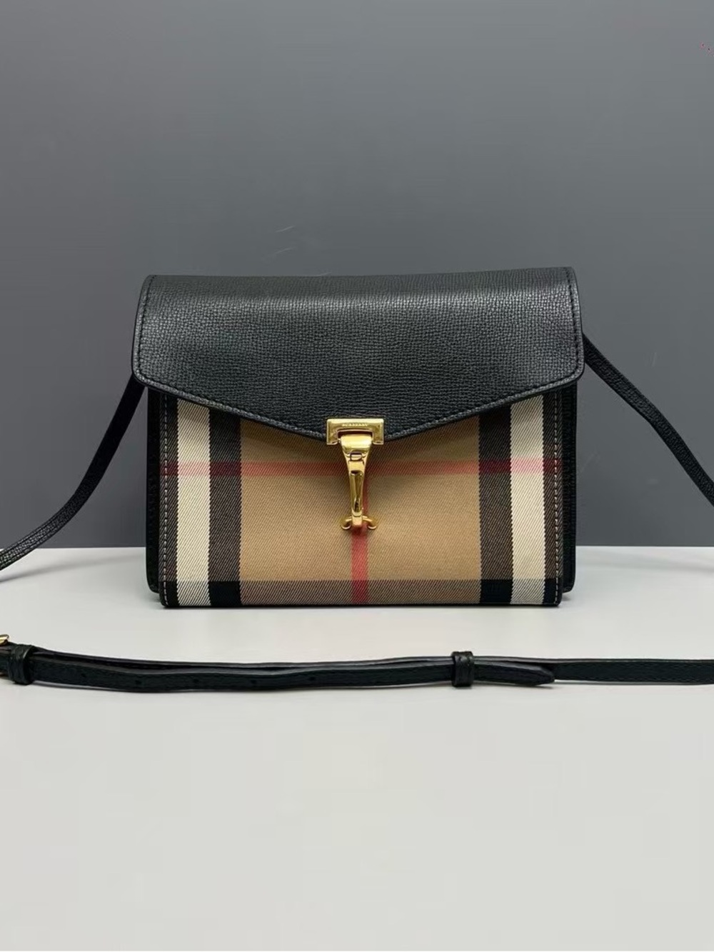 Burberry Black Leather and Beige Check Crossbody with Gold Hardware